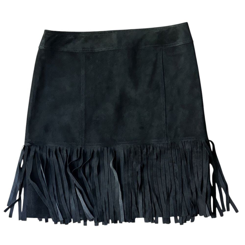 Worth 100% Suede Fringe Black Mini Skirt Size 4